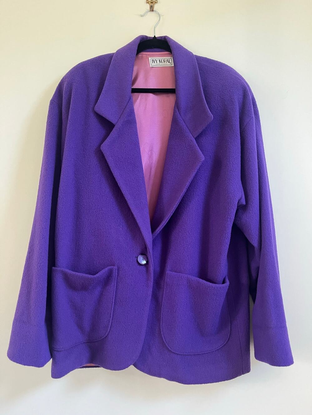 Vtg Ivy Koral Purple Wool Coat Jacket Oversized 80s 90s Single Button Sz L